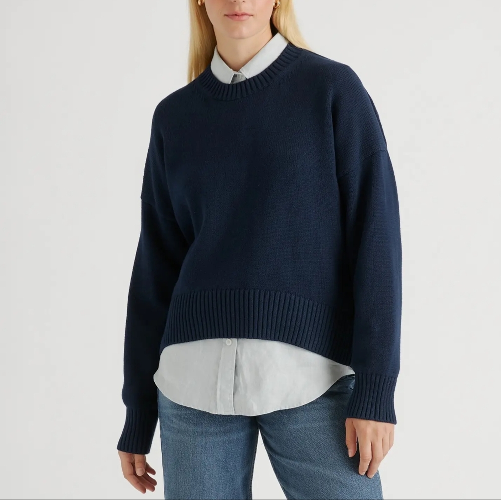 Quince 100% Organic Cotton Boyfriend Crew Sweater Medium Navy